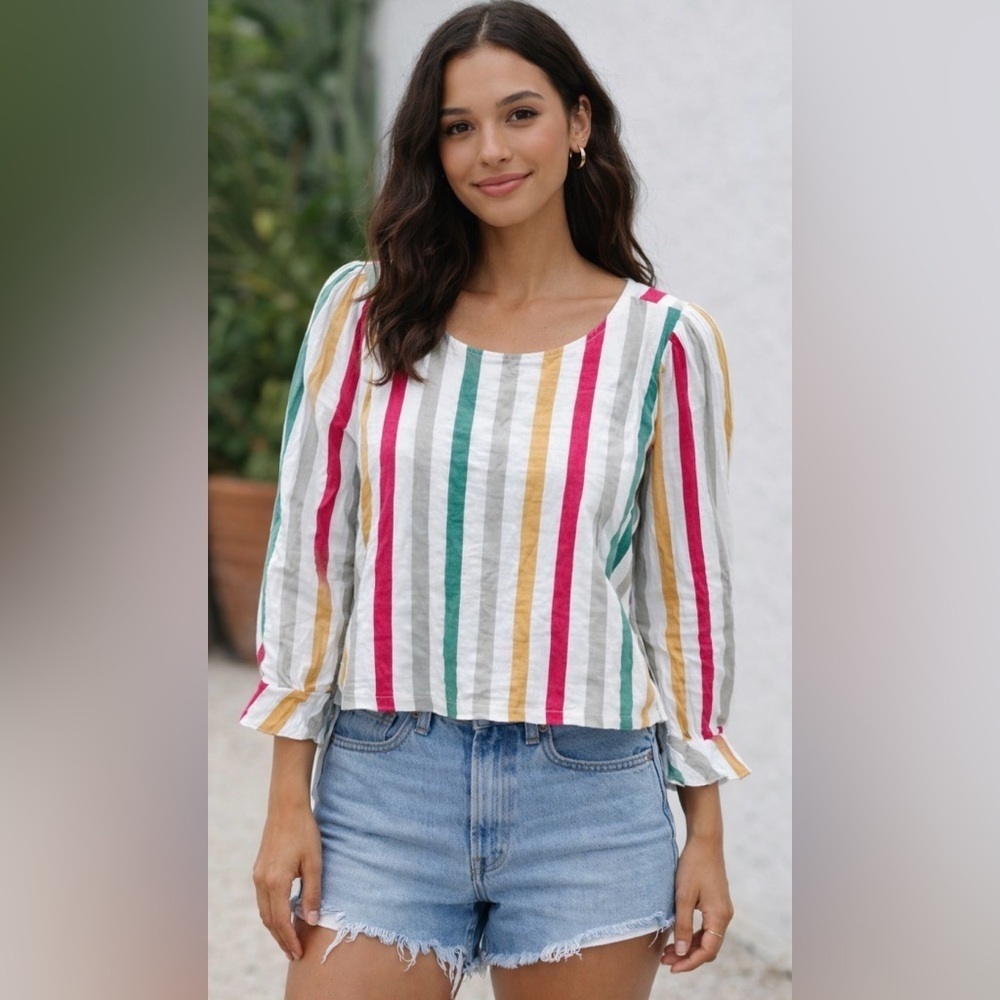 Seen Worn Kept by Anthropologie Multicolor Stripe Long Sleeve Boho Top Size 10